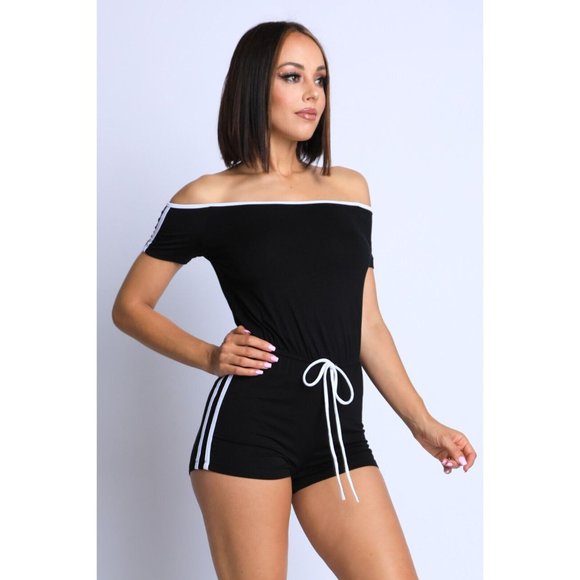 Women Line Detailed Off Shoulder Romper Strapless Sexy Cute Comfy Jumpsuit Rompe - Picture 7 of 12